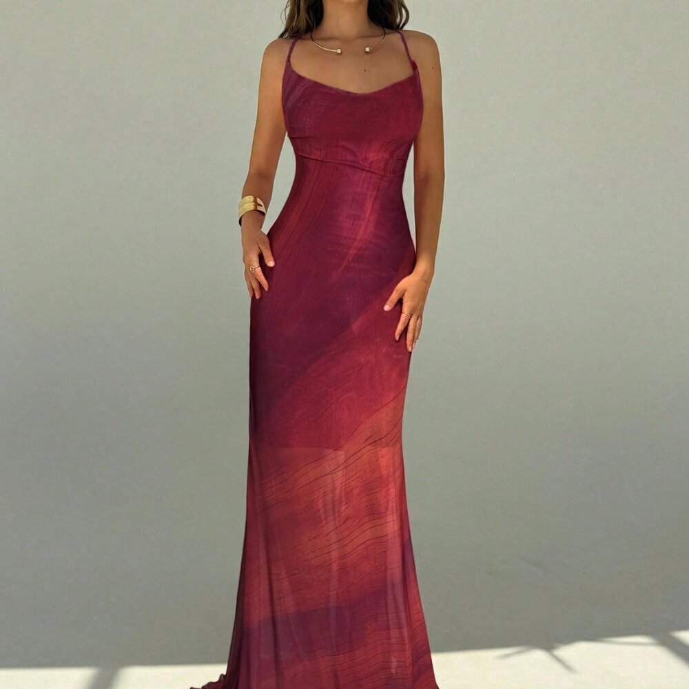 Redwood Ombre Sexy Women's Mesh Print Romantic Backless Maxi Dress - Picture 4 of 7